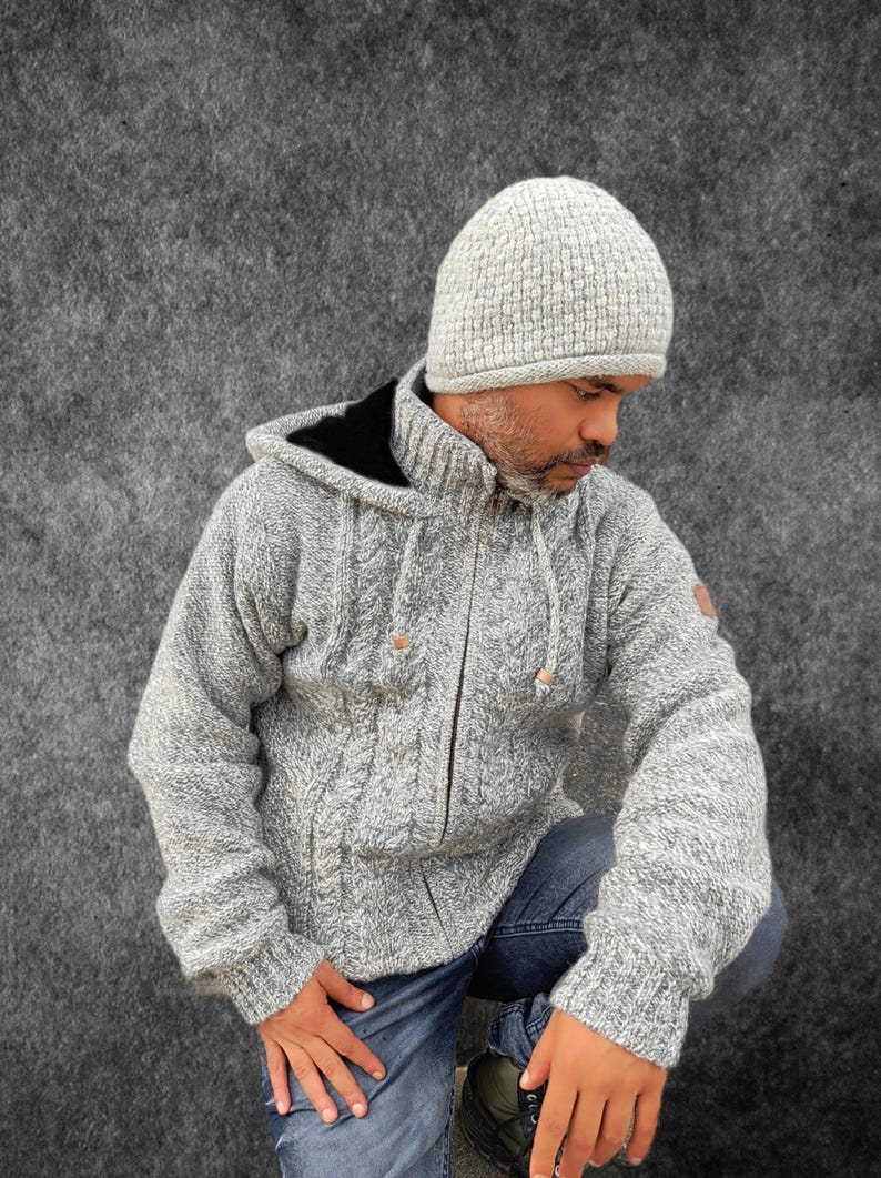 Men's Grey Knitted Wool Hooded Zip Jacket – Plush or Woolen Lining - Etsy