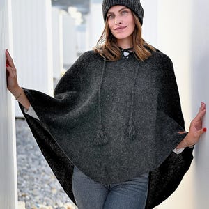 Stylish Charcoal Coloured Knit Wool Poncho: Timeless Black-Coloured Winter Clothing for Women