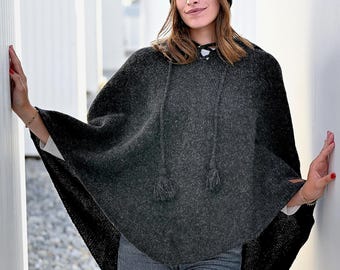 Stylish Charcoal Coloured Knit Wool Poncho: Timeless Black-Coloured Winter Clothing for Women