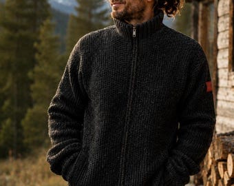 Wool Men's Cardigan: Charcoal Black Scandinavian Sweater Jacket-strickjacke herren-Hand-Knitted Thick Wool Crewneck Pullover