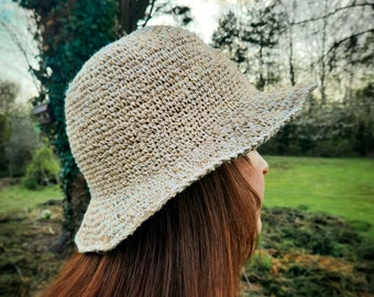 Capeline chanvre/coton crochetée - Chapeau de soleil été - Tissu éco-responsable, Mode Ethique - Protection soleil plage, Modèle "Madi"