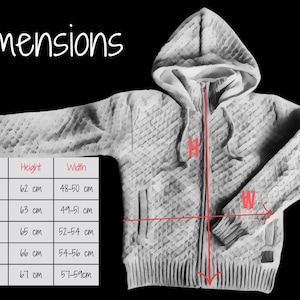 May include: A light gray hooded zip-up sweater with a textured pattern. The image includes a size chart with measurements in centimeters: XS (62 cm height, 48-50 cm width) to XL (67 cm height, 57-59cm width). The word "Dimensions" is at the top.