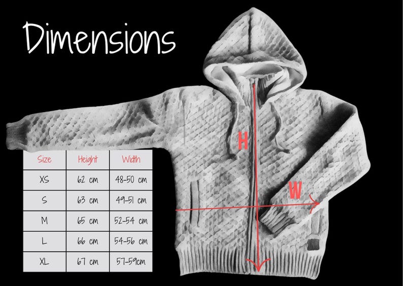 May include: A light gray hooded zip-up sweater with a textured pattern. The image includes a size chart with measurements in centimeters: XS (62 cm height, 48-50 cm width) to XL (67 cm height, 57-59cm width). The word "Dimensions" is at the top.