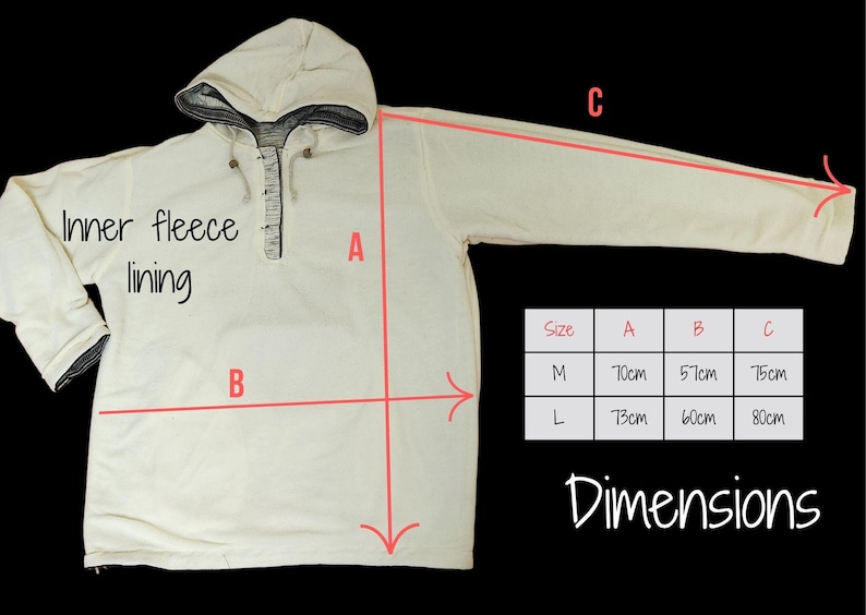Op de afbeelding: Cr&egrave;mekleurige hoodie met binnenvoering van fleece. De afbeelding bevat afmetingen: M (A: 70 cm, B: 57 cm, C: 75 cm) en L (A: 73 cm, B: 60 cm, C: 80 cm). De hoodie heeft een trekkoord en een donkere rand.