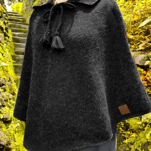 Stylish Charcoal Coloured Knit Wool Poncho: Timeless Black-Coloured Winter Clothing for Women