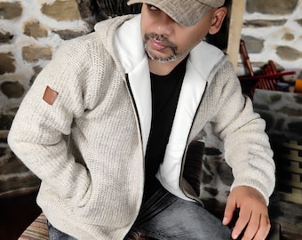 Wool Fleece-Lined Hoodie Jacket - Beige & Black Winter Coat