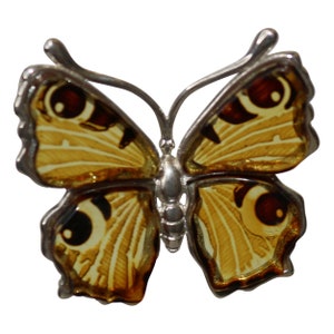 Op de afbeelding: Een zilveren vlinder broche met amber vleugels. De vleugels hebben een gedetailleerd patroon en een donkerbruine oogvlek.