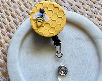 Honeycomb Bee Retractable Badge Reels - Handmade Polymer Clay (Teacher gift, Librarian gift, Nurse gift)