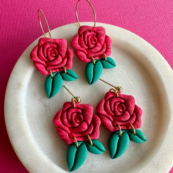 Red Rose Statement Polymer Clay Earrings