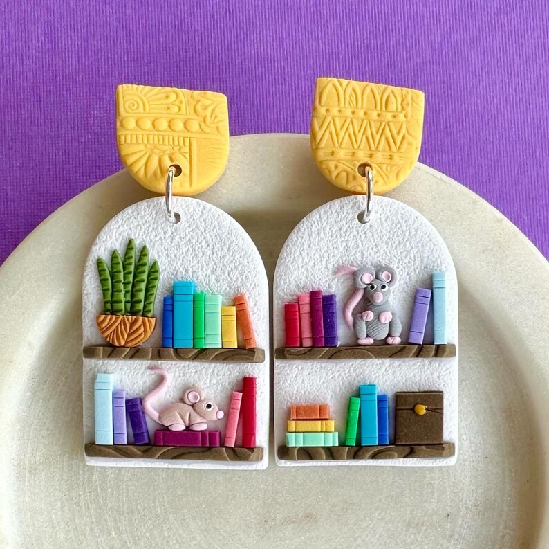 NEW Premium Mini Bookshelves Statement Polymer Clay Earrings Design 4