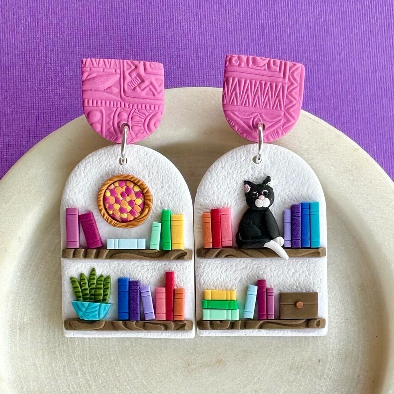 NEW Premium Mini Bookshelves Statement Polymer Clay Earrings Design 9