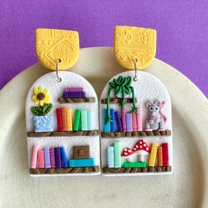 NEW Premium Mini Bookshelves Statement Polymer Clay Earrings Design 1