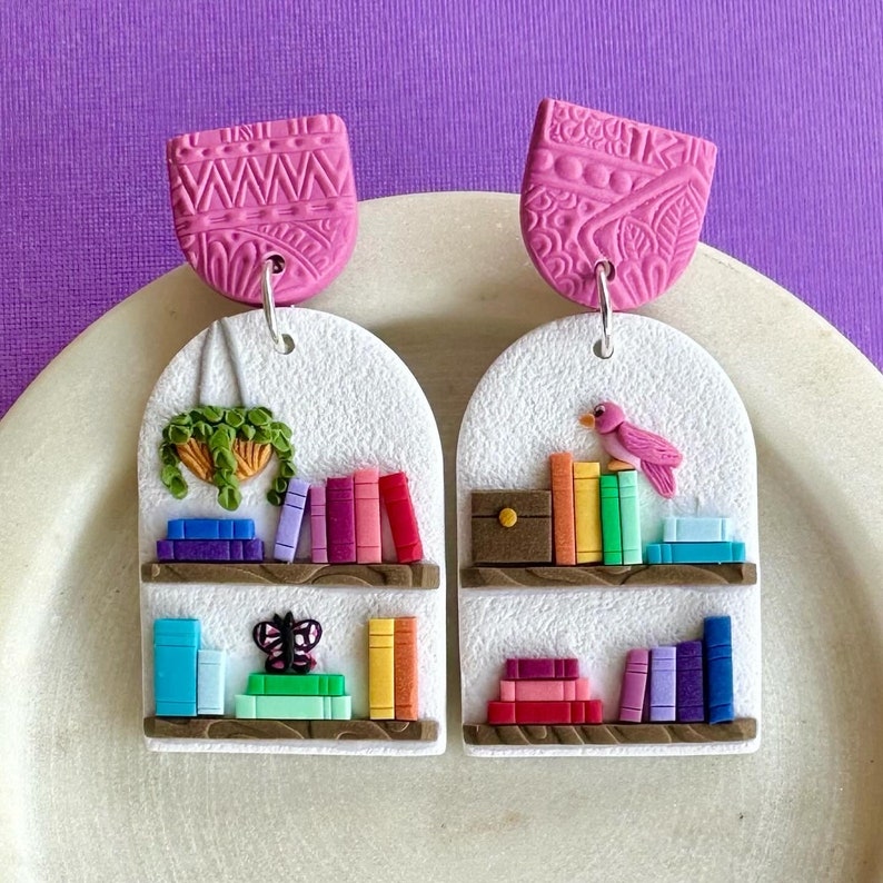 NEW Premium Mini Bookshelves Statement Polymer Clay Earrings Design 3