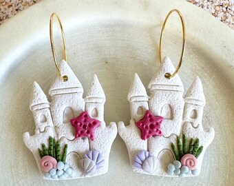 Sandcastle Beach Polymer Clay Hoop Earrings