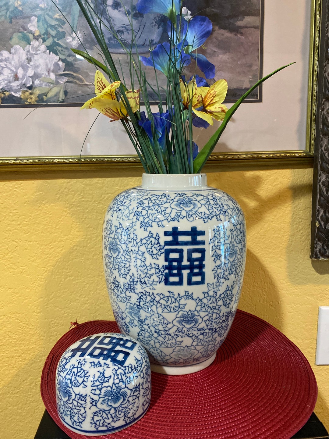 Large Blue and White Chinese Coral Ginger Jar Antique Hand-painted