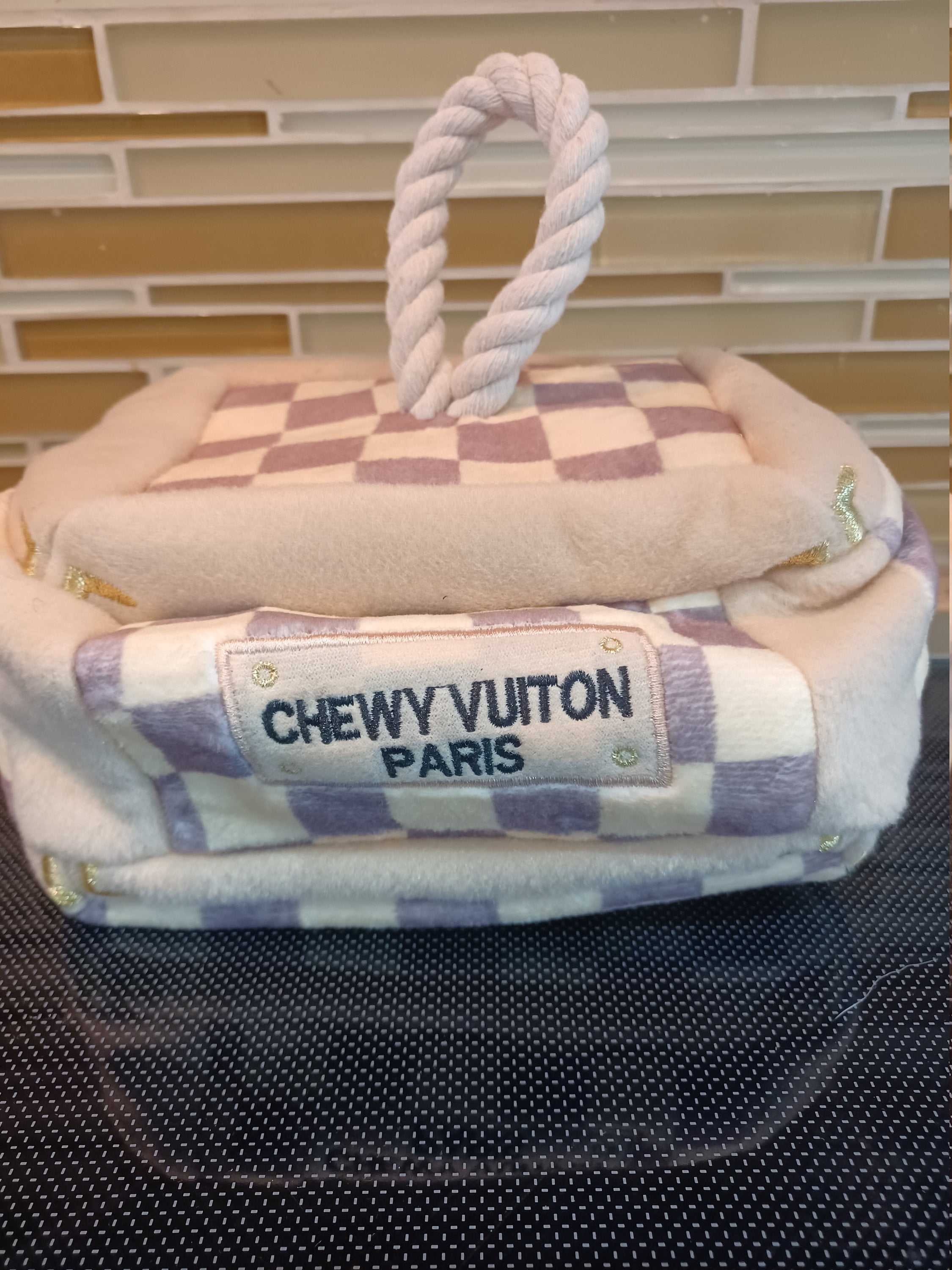 Chewy Vuiton Dog Purse Toy Red Trim