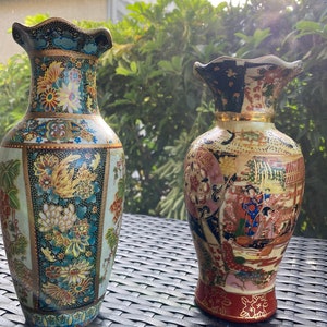 Chinoiserie vase tall ginger jar Famillie rose Satsuma vase glass handpainted Satsuma vase tall vintage planter 7 1/2