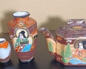 Vintage Japanese Kutani Porcelain Vase, Antique Japan Imari style Painted, Antique Meiji Period Japan Small Vase set of 3 geisha women