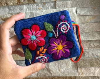 Boho Embroidered Wool Coin Purse, Colorful Floral Pouch, Peruvian Textile Art