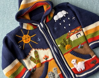 Colorful Handmade Children's Peruvian Knitwear | Embroidered Zippered Hoodie | Boho Gift