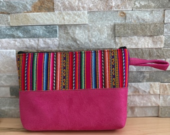 Andean Textile Makeup Bag, Small Zipper Pouch, Colorful Suede Cosmetic Bag, Travel Organizer, Peruvian Textile, Gift for Her, Ethnic Gift
