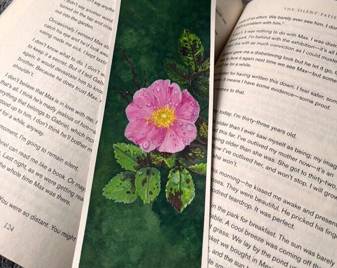 Dewdrops on a Wild Rose - Original Watercolor Bookmark