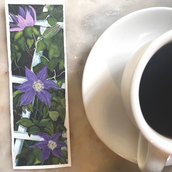 Watercolour Floral Original Artwork Hand Painted Bookmark Small Painting ACEO Canadian Art Purple Clematis Watercolor