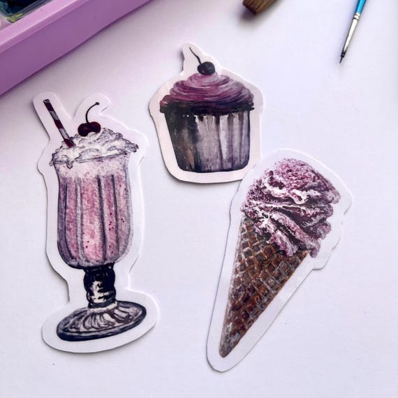 Original Artwork Hand Painted Watercolor Die Cut Waterproof Vinyl Sticker Handmade  Sweet Treat Pack