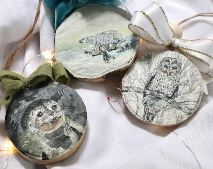 Handmade Ornaments, Watercolor Painting on Birch Slice, Original Art, One of a kind Christmas Decoration, Bear, Owl, Seal