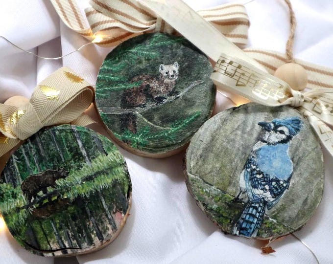 Handmade Ornaments, Watercolor Painting on Birch Slice, Original Art, One of a kind Christmas Decoration, Bear, Pine Martin, Blue Jay