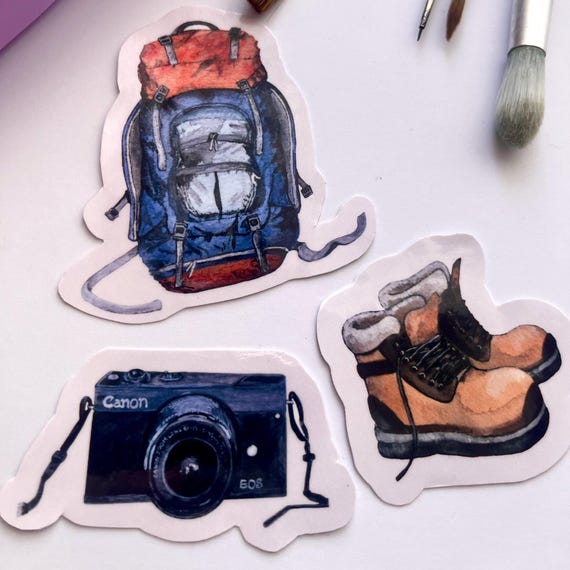 Original Artwork Hand Painted Watercolor Die Cut Waterproof Vinyl Sticker Handmade   Hiking Pack