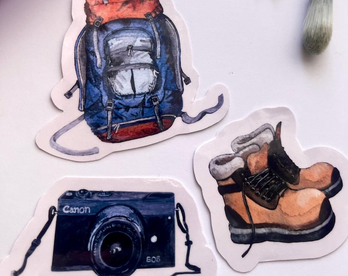 Camera, Backpack & Boots — Watercolor Stickers
