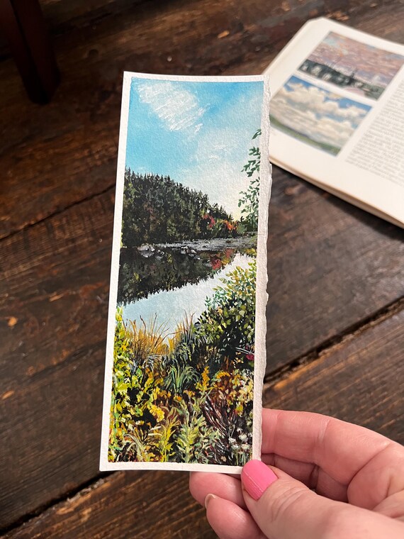 Original Artwork Landscape Painting Hand Painted Bookmark Small Watercolor ACEO Canadian Art Fall Reflections Medway River