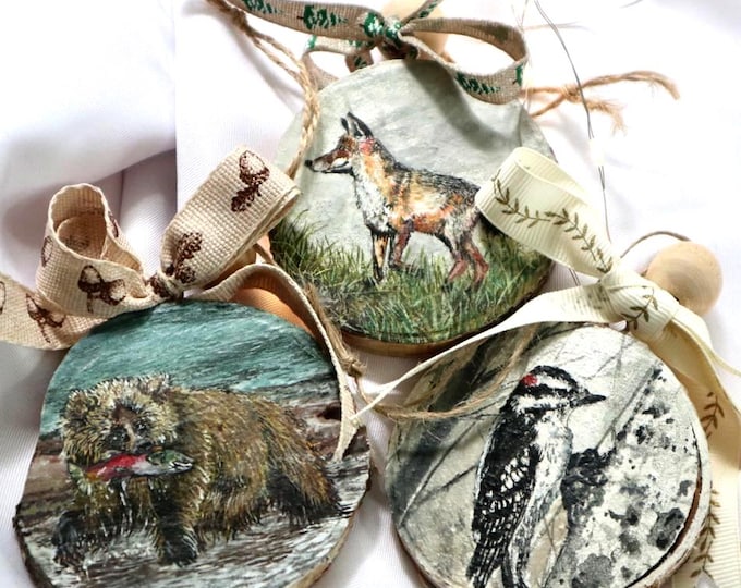 Handmade Ornaments, Watercolor Painting on Birch Slice, Original Art, One of a kind Christmas Decoration, Fox, Bear, Woodpecker
