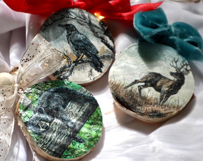 Handmade Ornaments, Watercolor Painting on Birch Slice, Original Art, One of a kind Christmas Decoration, Crow, Bear, Deer