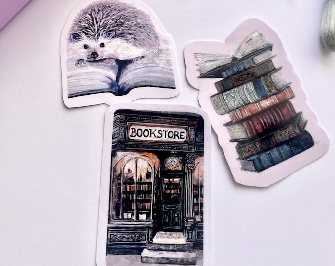 Hedgehog, Bookstore & Book Stack — Watercolor Stickers