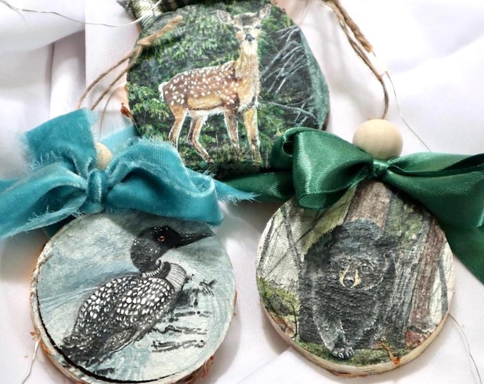 Handmade Ornaments, Watercolor Painting on Birch Slice, Original Art, One of a kind Christmas Decoration, Loon, Bear, Deer