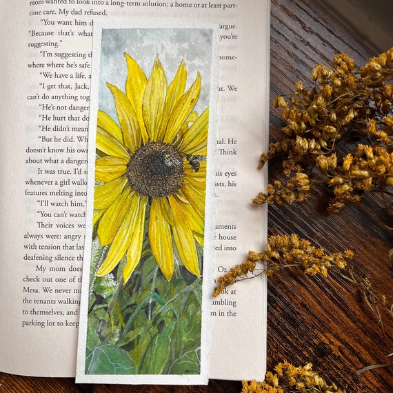 Watercolor Floral Original Artwork Hand Painted Bookmark Small Painting ACEO Canadian Art Sunflower and Bee Limited Edition Prints