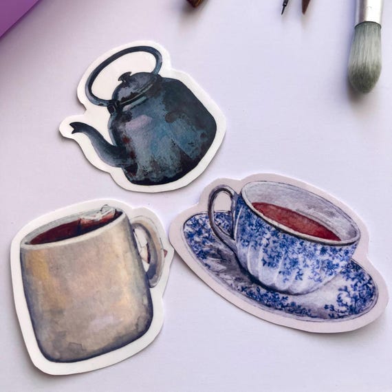 Original Artwork Hand Painted Watercolor Die Cut Waterproof Vinyl Sticker Handmade  Tea Drinkers Pack
