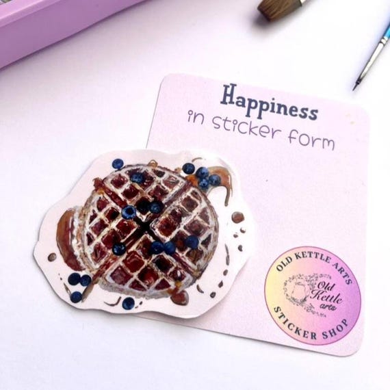 Original Artwork Hand Painted Watercolor Die Cut Waterproof Vinyl Sticker Handmade  Waffle and Blueberries