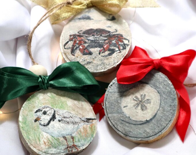 Handmade Ornaments, Watercolor Painting on Birch Slice, Original Art, One of a kind Christmas Decoration, Crab, Sand dollar, Plover