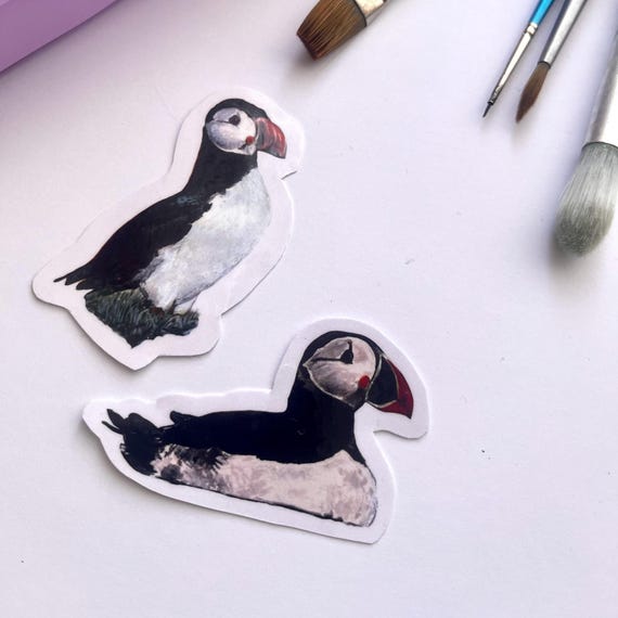 Original Artwork Hand Painted Watercolor Die Cut Waterproof Vinyl Sticker Handmade  Puffin Pack