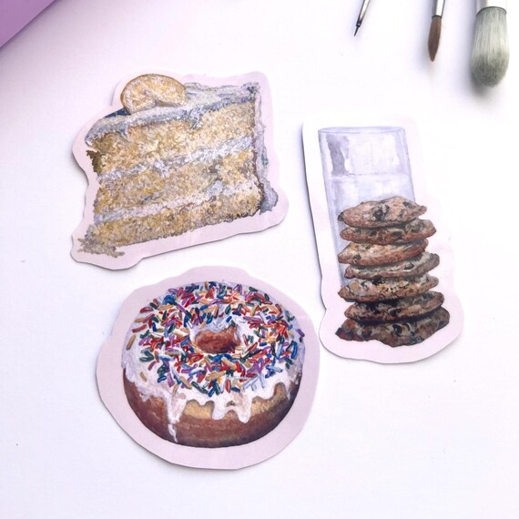 Original Artwork Hand Painted Watercolor Die Cut Waterproof Vinyl Sticker Handmade  Cookies Cake Donut Pack