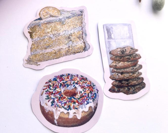Donut, Lemon Cake & Milk and Cookies — Watercolor Stickers
