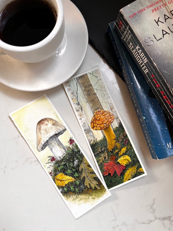 Original Artwork Landscape Painting Hand Painted Bookmark Small Watercolor ACEO Canadian Art Fall Mushrooms Limited Edition Prints