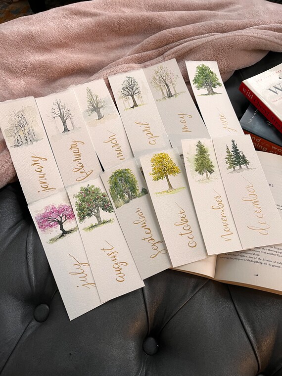Birth Month Tree Watercolor Bookmarks – Hand Painted Art for Book Lovers