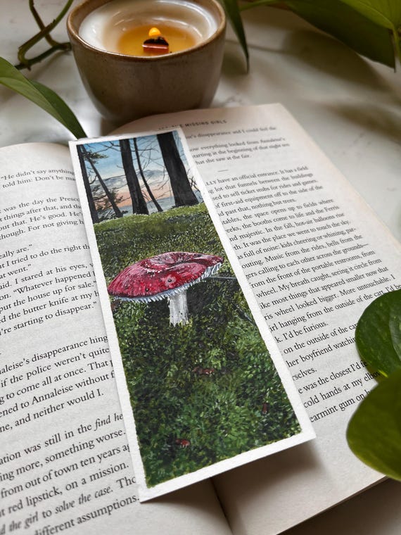 Original Artwork Landscape Painting Hand Painted Bookmark Small Watercolor ACEO Canadian Art Red Mushroom Painting