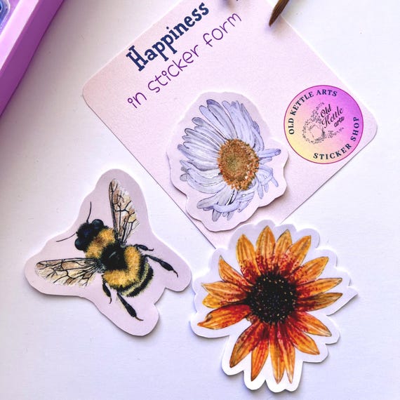 Original Artwork Hand Painted Watercolor Die Cut Waterproof Vinyl Sticker Handmade   Flower Bee Pack