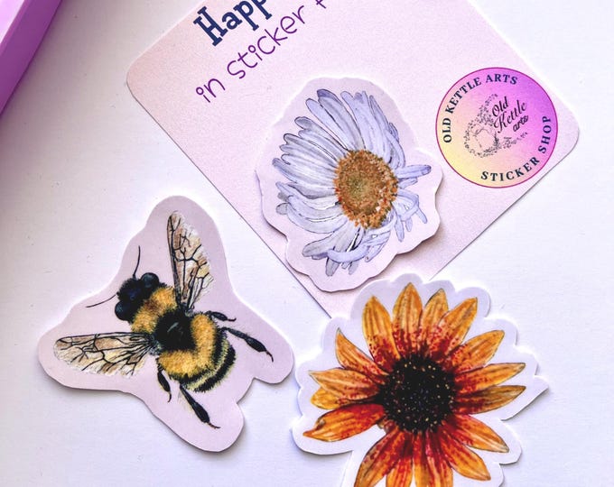 Sunflower, Daisy & Bee — Watercolor Stickers