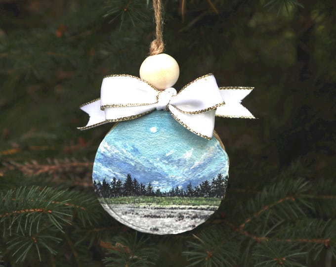 Watercolor Painting on Birch Slice- Buck Moon at dawn Beach Meadows